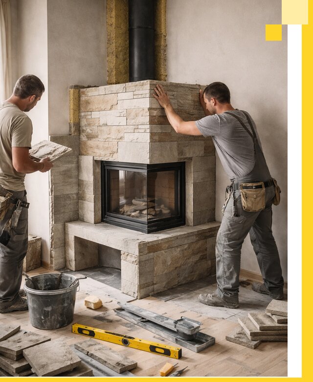 Угловые камины под ключ проект, монтаж и отделка в Озёрске