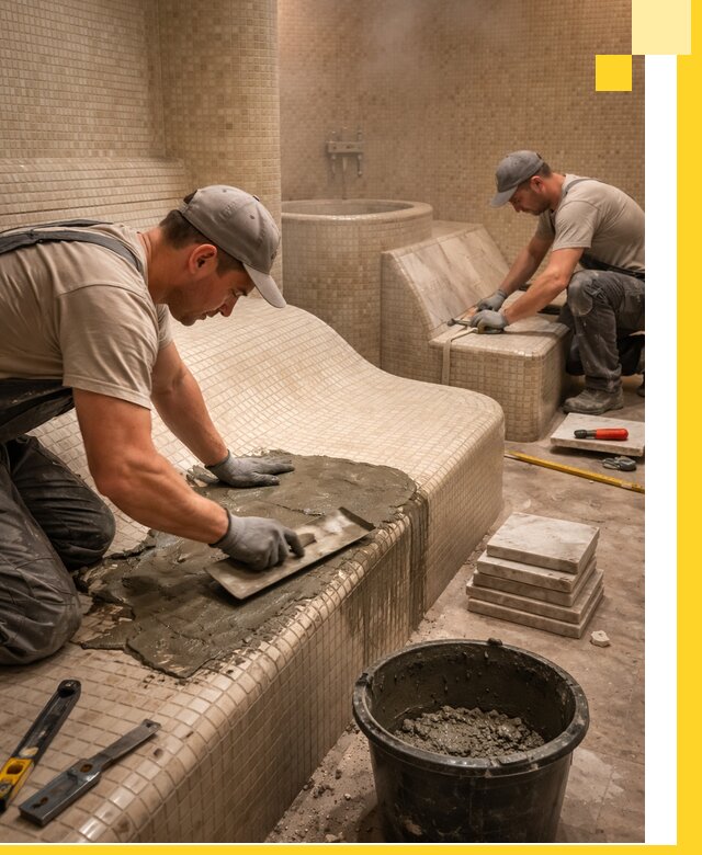 Лежаки для хамама под ключ в Озёрске, проект и монтаж